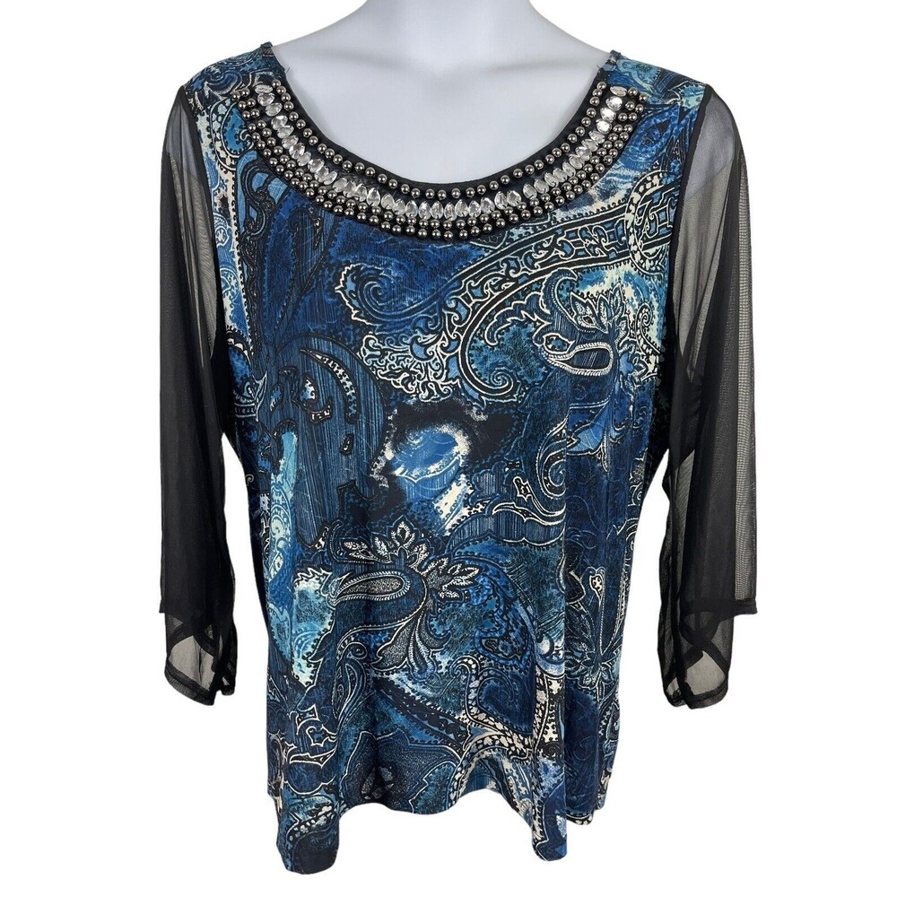 Lavish Plus 3x Blue Paisley Beaded Sheer Sleeve Stretch Top